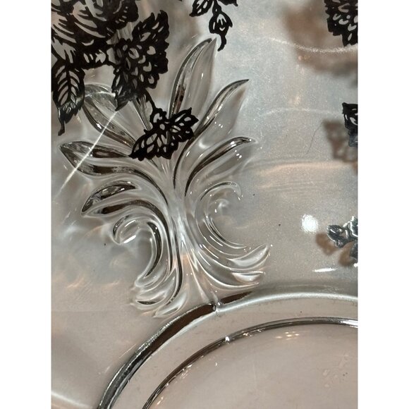 Vintage Silver Overlay Clear Glass Decorative Bowl With Floral Design & Scallope - Picture 11 of 11